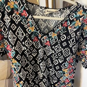 Savannah Jane Black Embroidered V-Neck Women's Top with Floral Accents